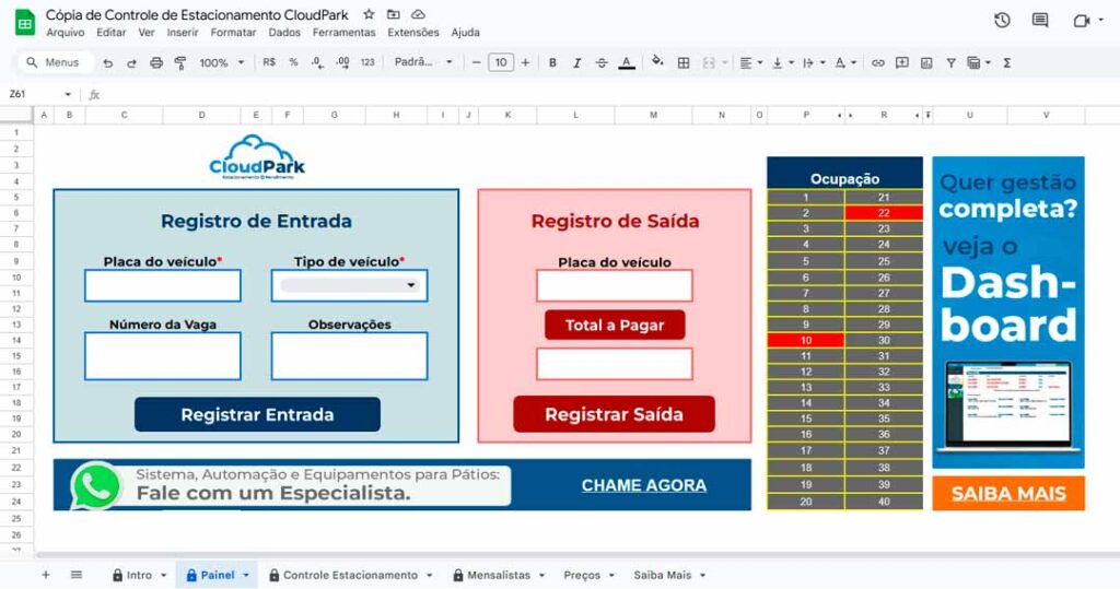Painel principal da planilha de estacionamento, controle de pátio CloudPark.