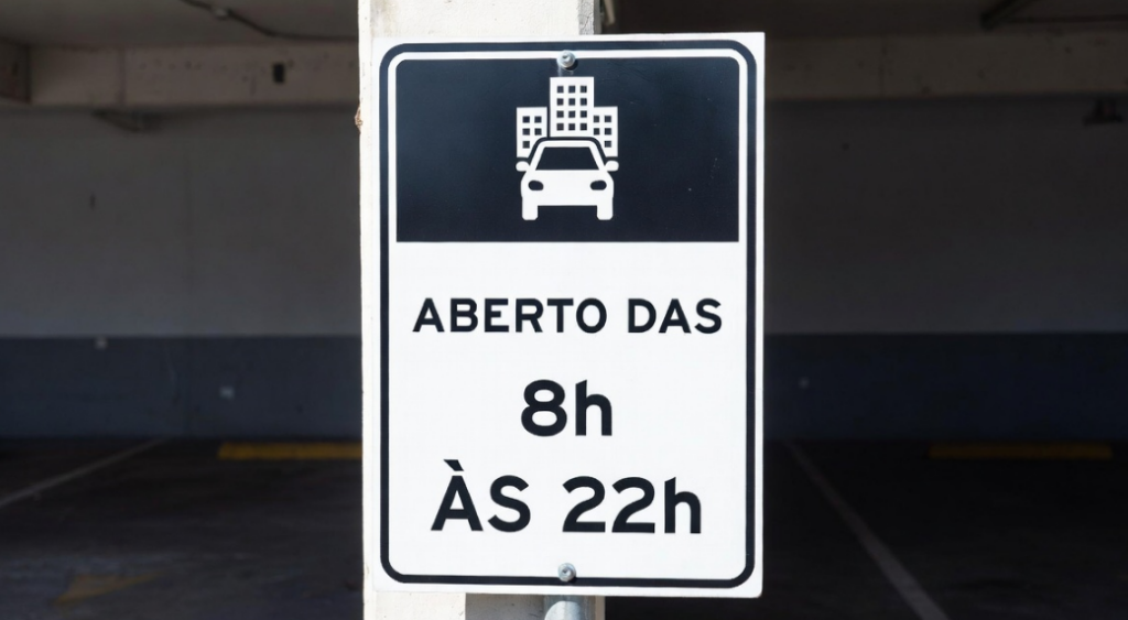Placas informativas que cumprem bem o seu papel em um pátio de estacionamento