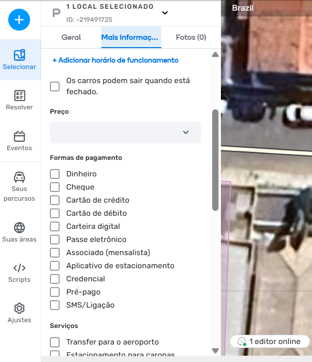  Complete endereço, telefone e horário de funcionamento do estacionamento