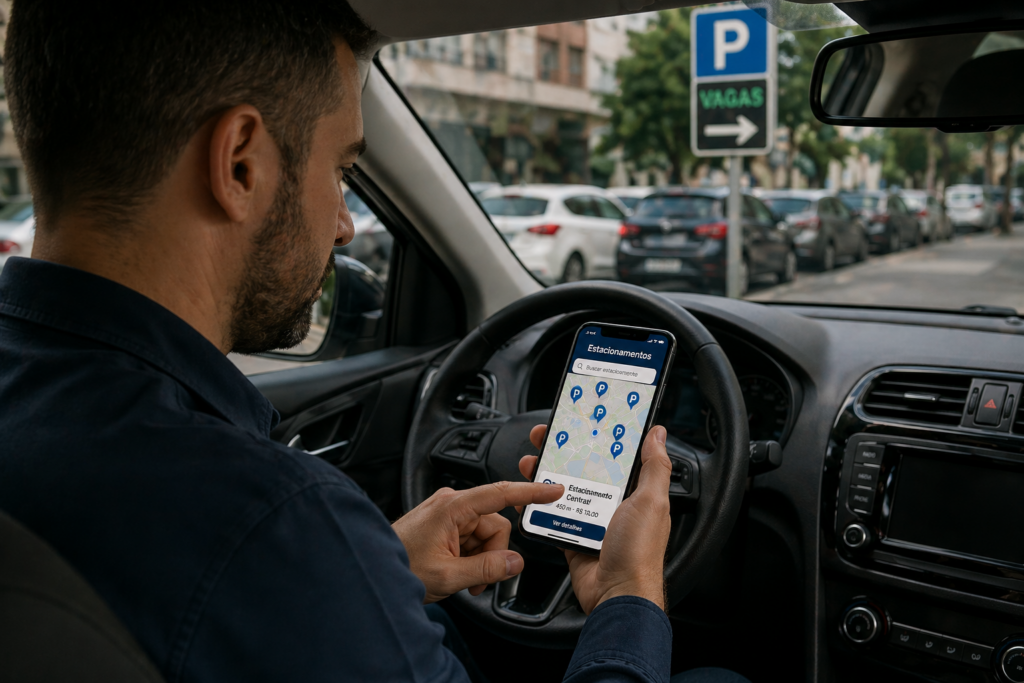 motorista pesquisando estacionamento no Google Maps antes de escolher onde estacionar