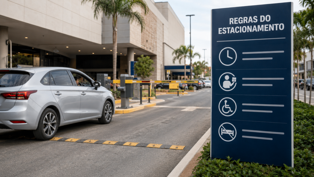  Placa com regras do estacionamento posicionada de forma visível na entrada de veículos.
