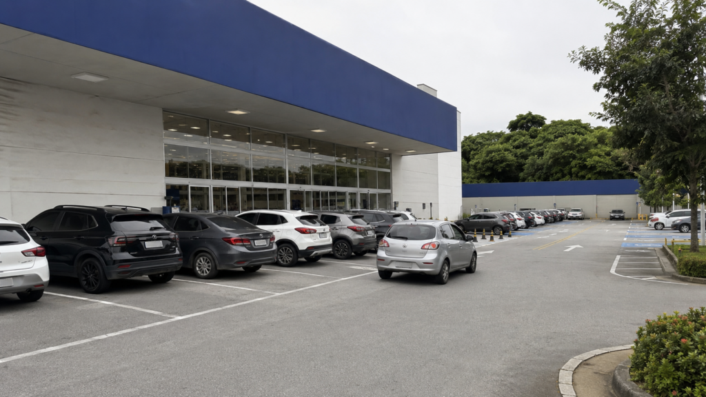 Vagas próximas à entrada ocupadas enquanto um cliente procura onde estacionar.