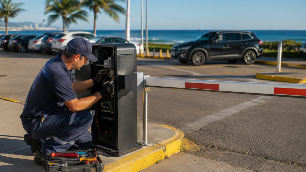 Técnico realizando revisão em cancela na praia